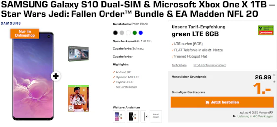 174€ unter Idealo! 🔥 Samsung Galaxy S10 & Xbox One S 1TB - Jedi Fallen Order Bundle + EA Madden NFL 20 im Vodafone green LTE für 32€/Monat − 6GB LTE, Allnet- und HotSpot-Flat