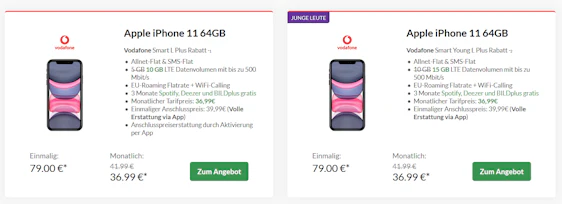 Apple iPhone 11 im Vodafone Smart L Plus (Young) für 40€/Monat - 10GB LTE (Young: 15GB LTE), Allnet- und SMS-Flat, EU-Roaming