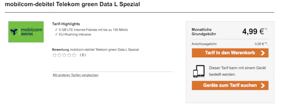 Top! mobilcom-debitel Telekom green Data ab 10€/Monat - 15GB LTE + EU-Roaming, keine Anschlussgebühr