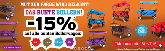 Bis zu 15% Rabatt auf alle bunten Bollerwagen bei Fuxtec – z.B.: Fuxtec Bollerwagen Lila mit Sonnendach JW-76CP für 110€