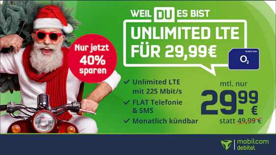 Nur heute 😱 - Nikolaus-Aktion! o2 Free Unlimited Max (monatlich kündbar) für 30€/Monat - unbegrenzt LTE Max, Allnet- und SMS-Flat, EU-Roaming