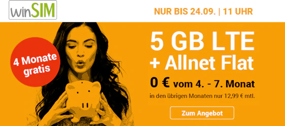 4 Monate gratis! WinSIM LTE All 5GB für 12,99€/Monat - 5GB LTE, Allnet- und SMS-Flat, keine Grundgebühr vom 4. - 7. Monat