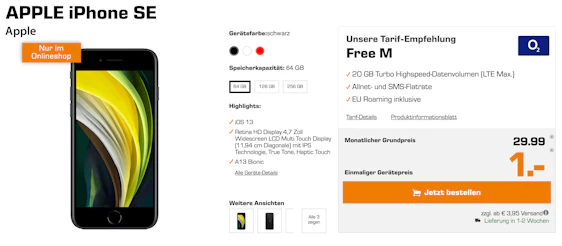 Apple iPhone SE (2020) 64GB im o2 Free M für 32€/Monat - 20GB LTE Max (mit bis zu 225 Mbit/s), Allnet- & SMS-Flat, EU-Roaming