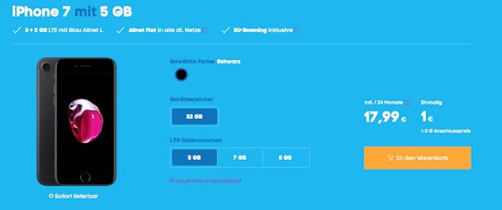 Apple iPhone 7 32GB im Blau Allnet L für 18€/Monat - 5GB LTE, Allnet- und SMS-Flat, EU-Roaming, keine Anschlussgebühr