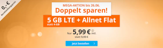Letzter Tag! LTE All 5GB Tarif für 5,99€ im Monat bei SIM.de - 5GB LTE, Allnet- und SMS-Flat, EU-Roaming
