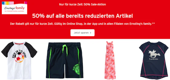 50% Extra-Rabatt bei Ernsting's Family − auf den gesamten Sale, z.B. Mädchen Einhorn-T-Shirt für 3€