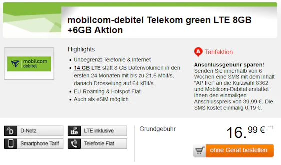 Letzte Chance! Mobilcom-debitel Telekom green LTE 14GB für 16,99€ im Monat - 14GB LTE, Allnet- und SMS-Flat im Telekom-Netz