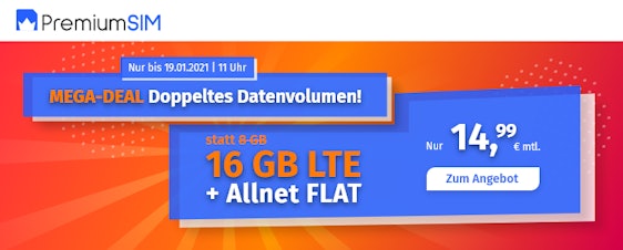 Doppeltes Datenvolumen! PremiumSIM LTE XL 8GB + 8GB für 14,99€/Monat – 16GB LTE, Allnet- und SMS-Flat & EU-Roaming