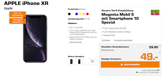 Apple iPhone Xr im Mobilcom-debitel Magenta Mobil S für 34€/Monat - 6GB Highspeed-LTE im Telekom-Netz, Allnet- und Hotspot-Flat
