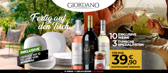 Giordano Weinpaket für 40€ – mit 10 Rot- & Weißweinen, 3 italienischen Delikatessen & 12 Tellern