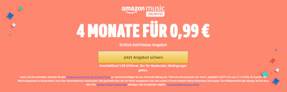 4 Monate Amazon Music Unlimited für 0,99€ - nur für Neukunden