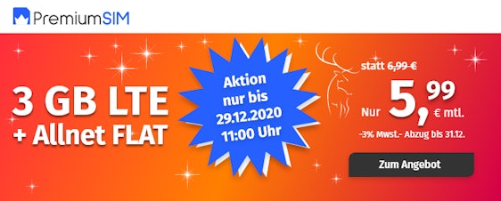 1GB geschenkt! PremiumSIM LTE S + 1 GB für 5,99€/Monat – 3GB LTE, Allnet- und SMS-Flat, EU-Roaming