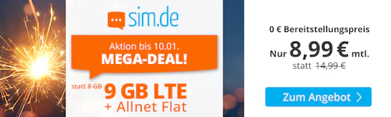Letzte Chance! Sim.de LTE All 8GB + 1GB für 8,99€/Monat – 9GB LTE 50, Allnet- und SMS-Flat, EU-Roaming